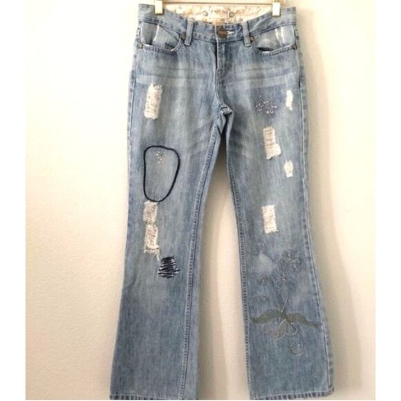 Cest Toi Embroidered Distressed Wide Leg Flare Jeans Jr Size 3 Blue Denim Boho - Picture 8 of 11
